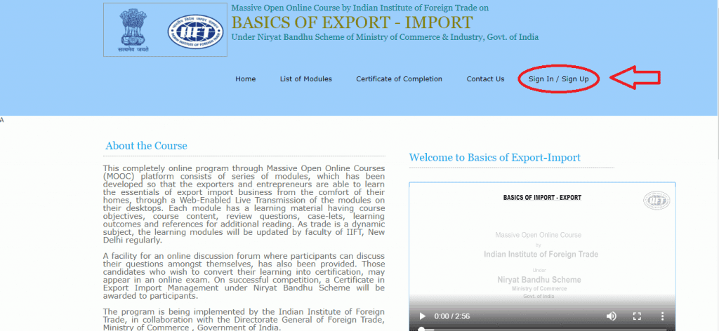 Free Import Export Course Registration
