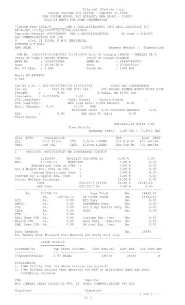 Bill Of Entry Copy